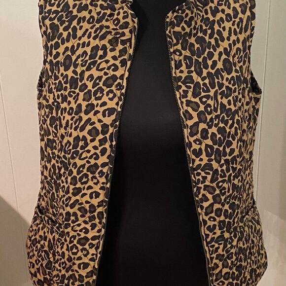 Talbots Cheetah Diamond Quilted High Necked Vest Pockets Full Zip Petite Small - Picture 2 of 7